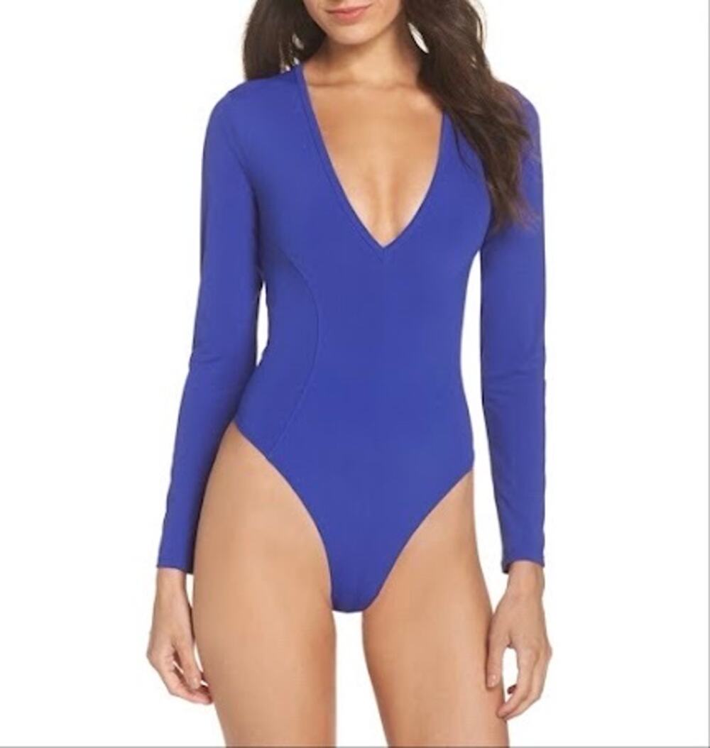 Intimately Free People Size Med Turnt Long Sleeve V-Neck Bodysuit - Royal Blue